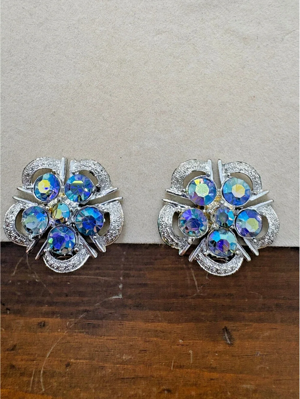 Vintage Coro Blue AB Rhinestone Silver Tone Flower Clip Earrings